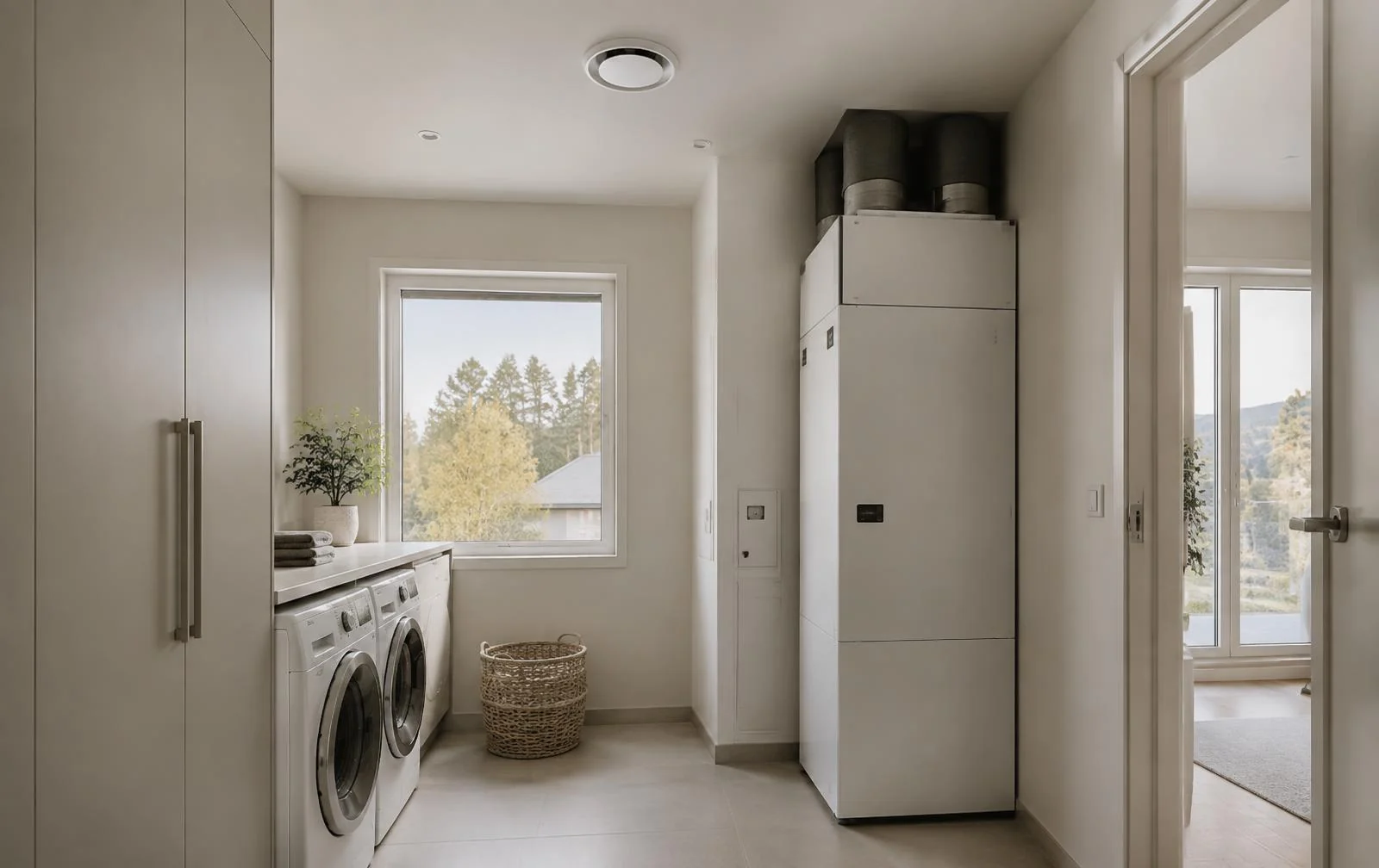 Moderne teknisk rom med ventilasjonsanlegg i en norsk bolig